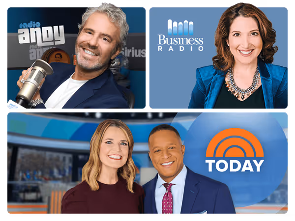 Un graphique divisé en deux parties présentant certaines des chaînes de débats et de divertissement disponibles sur SiriusXM, notamment Andy Cohen (Radio Andy), Randi Zuckerberg (Business Radio) et Savannah Guthrie (Today).