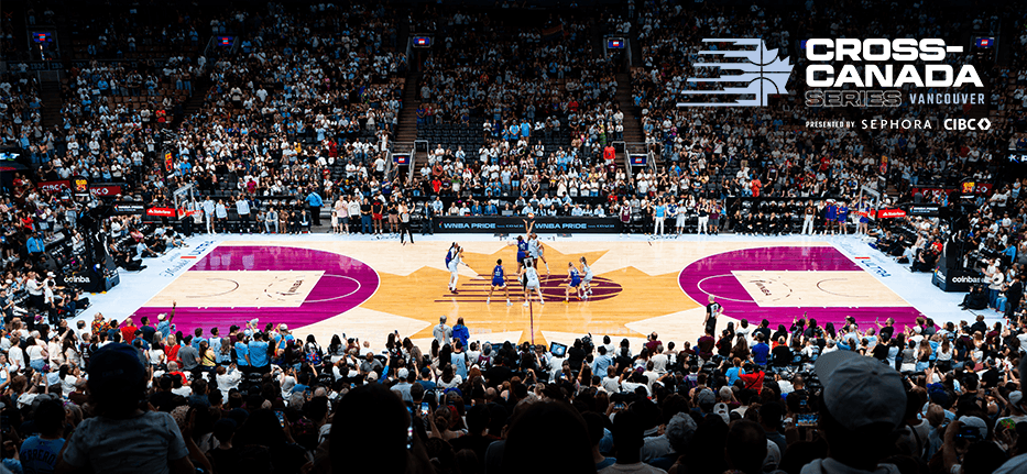 A packed basketball arena in Vancouver, with players on a colourful court. The crowd watches eagerly as the Toronto Tempo play basketball. Cross-Canada Series Vancouver and sponsor logos are displayed in the top right corner—and don’t miss your chance to enter this exciting giveaway.