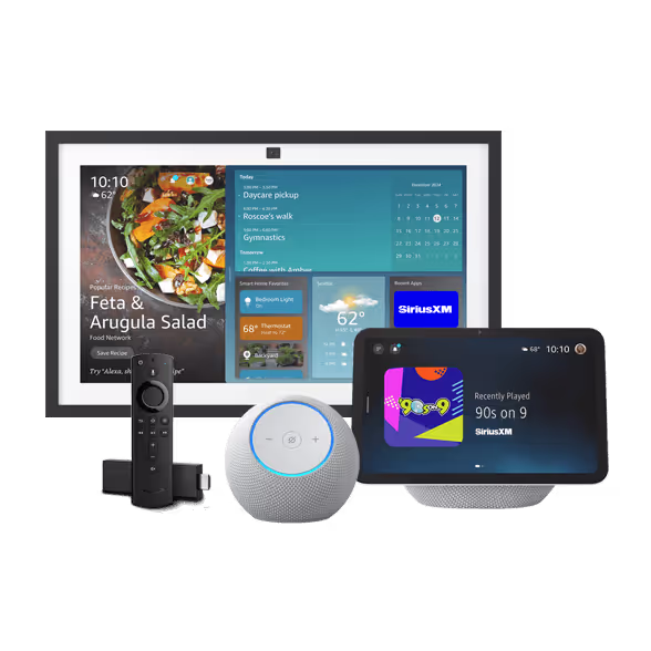 A collection of smart devices including an Amazon Alexa Echo Dot smart speaker, a smart display, a remote control, and a tablet showing home and music screens with the SiriusXM app.