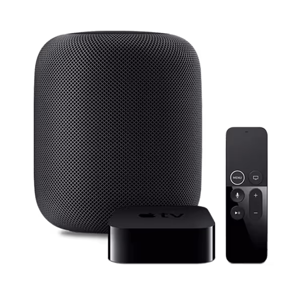 A black Apple smart speaker, a small black AppleTV, and a black remote control are arranged together.