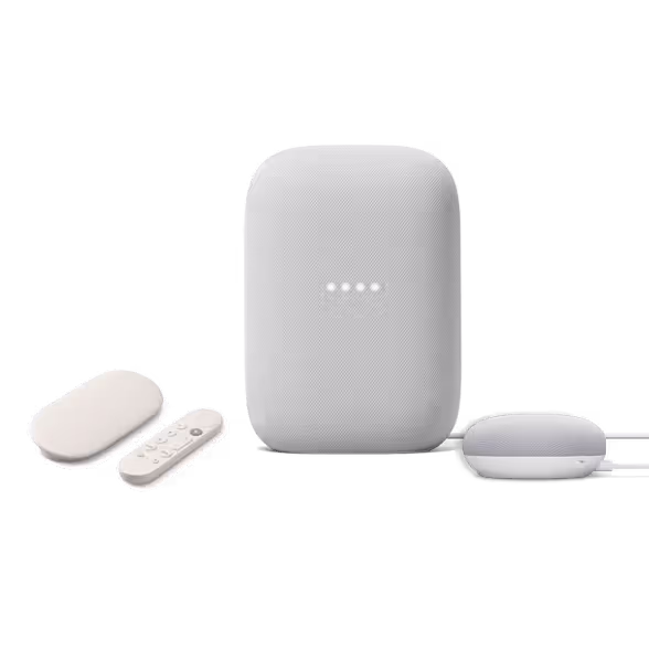 A set of white smart home devices on a white background, including a smart speaker with LED lights, a small remote, an oval-shaped device compatible with Android.