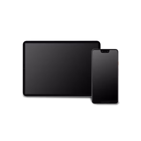 A black tablet and a black smartphone with blank screens are placed side by side, suggesting compatibility with popular platforms like Apple and Android for the SiriusXM app.