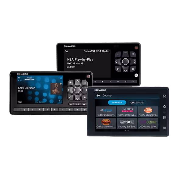 Three SiriusXM satellite radios display different screens: music by Kelly Clarkson, NBA radio, and a country music channel guide. With the SiriusXM app, you can enjoy the same variety of channels on your mobile device or connected devices.