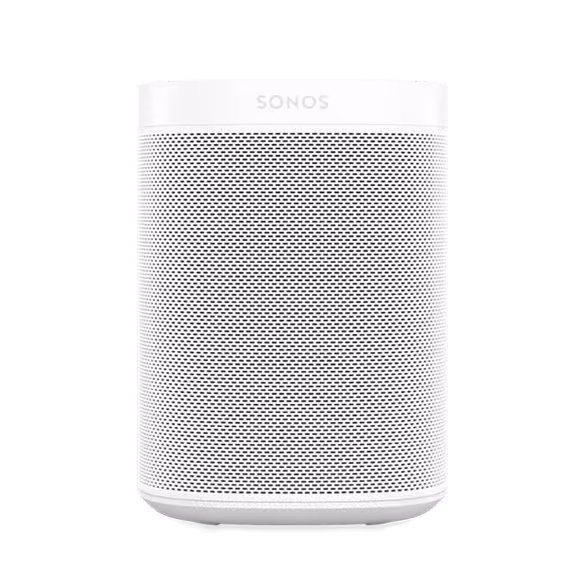 A white Sonos wireless speaker with a cylindrical shape and a perforated front grille—offering seamless compatibility with SiriusXM for an enhanced listening experience.
