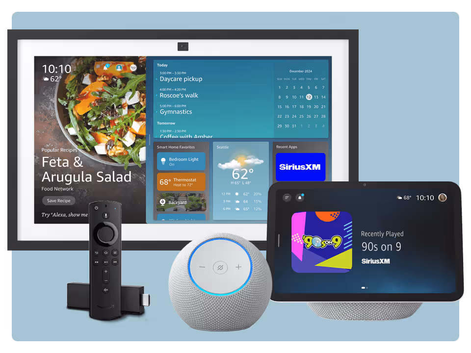 A variety of smart home devices, including a wall-mounted screen, a smart Amazon Echo Dot speaker, an Amazon streaming stick, and two Amazon Echo Show smart displays featuring Amazon Alexa are shown.
