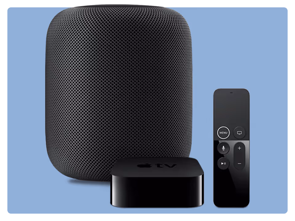 A black HomePod smart speaker, a black Apple TV box, and a black Apple TV remote are displayed on a light blue background, perfect for streaming your favourite music on the SiriusXM app from your iPhone or iPad.
