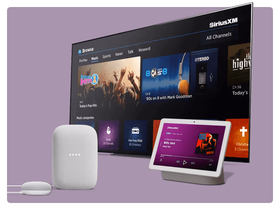 A large Android TV displays the SiriusXM channel interface. In front are a Google Nest smart speaker and a Nest Hub smart display with a music player screen, all set against a purple background.