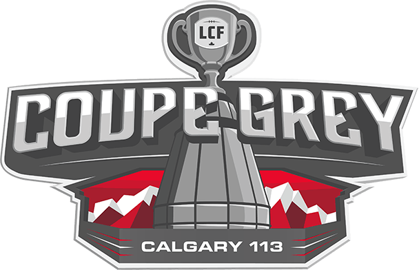 Illustration du trophée de la Coupe Grey, avec l'inscription « Coupe Grey LCF » en caractères gras sur la coupe, des montagnes rouges en arrière-plan évoquant l'esprit du Concours, et « Calgary 113 » en bas.