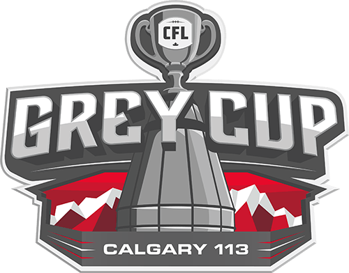 Logo for the 113th Grey Cup, featuring a silver trophy, bold Grey Cup text, red mountains in the background, and Calgary 113 at the bottom.