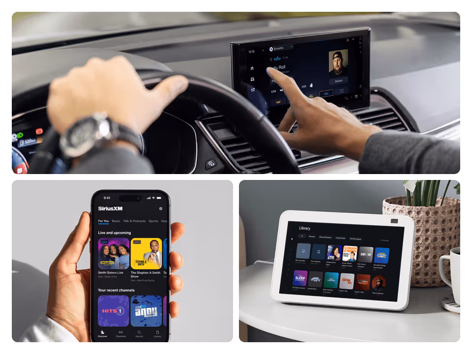 A person uses SiriusXM on a car dashboard, a smartphone, and an Android tablet device in three separate settings—highlighting the app’s cross-device functionality and seamless integration with a wide range of connected devices.